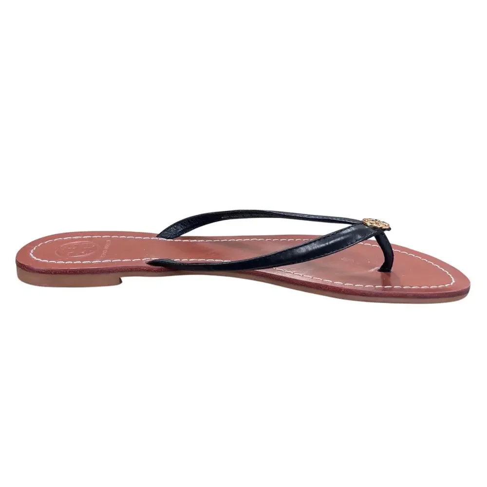 Tory Burch Charm Black Leather Flip Flop Strap  Sandals 8.5